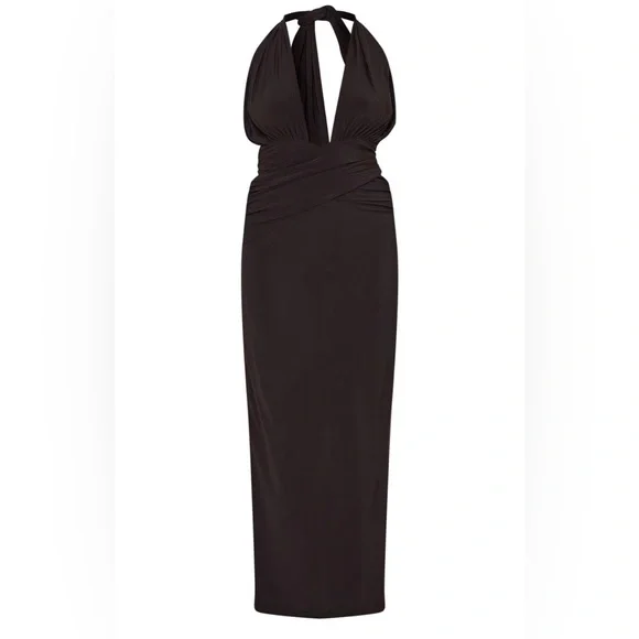 4/$19 NWT PrettyLittleThing black slinky extreme plunge maxi halter tie dress - Picture 5 of 8
